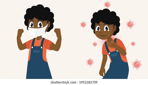 African girl covering face with medical mask and showing strong and Sick african girl not medical mask. Stop coronavirus.