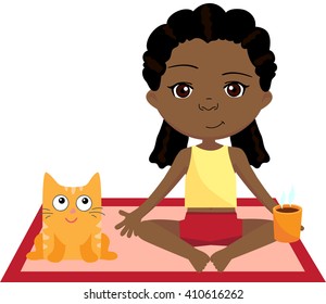 African girl doing yoga exercise with cat. Vector cartoon illustration