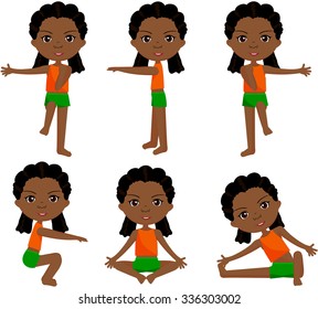 African girl with dreadlocks doing morning work-out. Vector cartoon illustration