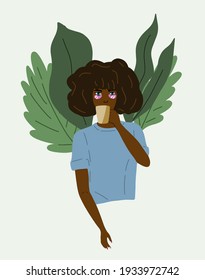 African girl drinking tea with patches on her eyes. facial skincare of African women with a hairstyle.