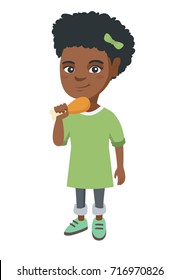 African girl eating roasted chicken leg. Little girl eating fried chicken leg. Full length of happy child holding a chicken drumstick. Vector sketch cartoon illustration isolated on white background.