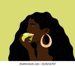 An African girl eats a green apple.