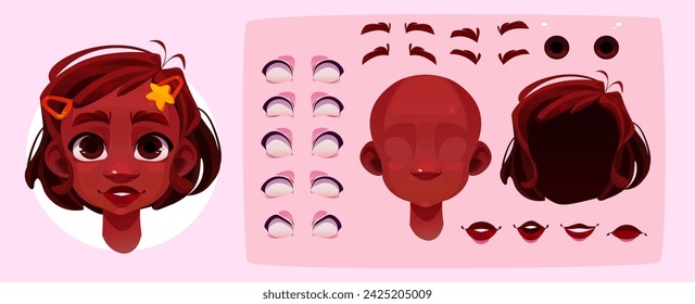 African girl face construction kit with various eye and lip shape and position, eyebrows and haircut for creation of female kid avatar with different emotions. Cartoon set of child portrait generator.