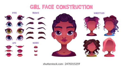 African girl face construction set isolated on white background. Vector cartoon illustration of female teen character avatar elements, blonde and brown hairstyles, color eyes, eyebrows, lips, nose