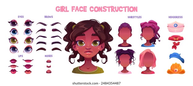 African girl face construction set isolated on white background. Vector cartoon illustration of female teenager avatar kit, young woman head, color eyes, eyebrows, lips, noses, hairstyles, hats