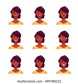 African girl face expression, set of cartoon vector illustrations isolated on white background. 