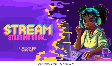 African girl gamer or streamer with cat ears headset sits at a computer with some drink and snaks on a table. Cartoon anime style. Vector character with a notificational phrase over