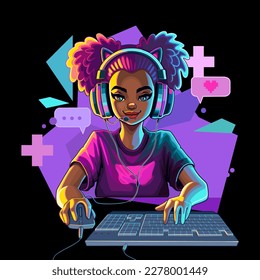 African girl gamer or streamer with cat ears headset sits in front of a computer with her mouse and keyboard. Cartoon anime style. Vector character design isolated on a black background