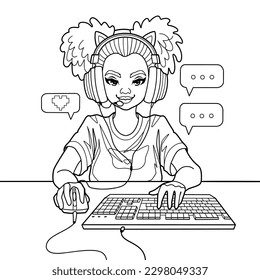 African girl gamer or streamer with cat ears headset sits in front of a computer with her mouse and keyboard. Coloring page design. Vector character isolated on white background