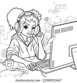 African girl gamer or streamer with cat ears headset sits at a computer with some drink and snaks on a table. Coloring page design. Vector character over an abstract lava lamp backdrop