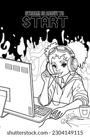 African girl gamer or streamer with cat ears headset sits at a computer with some drink and snaks on a table. Coloring page design. Vector character over an abstract lava lamp backdrop