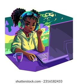 African girl gamer or streamer with cat ears headset sits at a computer with an abstract lava lamp backdrop. Cartoon anime style. Vector character isolated on white background