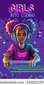 African girl gamer or streamer with cat ears headset sits in front of a computer with her mouse and keyboard. Cartoon anime style. Vector character isolated on an absctract pixel background