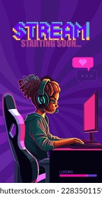 Las niñas africanas que juegan o hacen streaming con un auricular se sientan frente a una computadora. Vista lateral, estilo anime de dibujos animados. Carácter vector aislado en fondo blanco