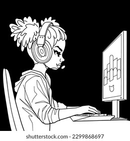African girl gamer or streamer with a headset sits in front of a computer. Side view, cartoon anime style. Vector character isolated on black background