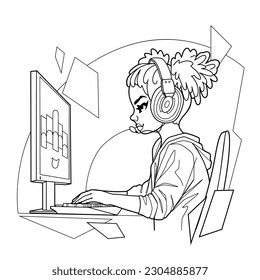 African girl gamer or streamer with a headset sits in front of a computer over an abstract graphic composition. Side view, cartoon anime style. Vector character design isolated on white background