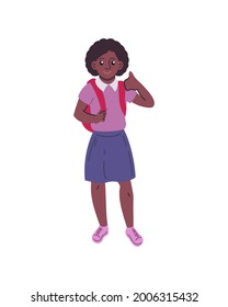 African girl gesturing thumbs-up vector illustration. Back to school concept. Flat style design. School girl with schoolbag colorful graphics