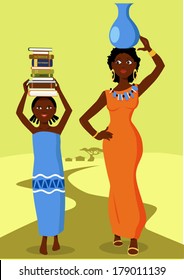 African girl going to school with a stack of books on her head, woman with a pitcher walking at her side