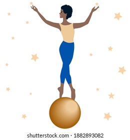 African girl gymnast standing on a ball, shooting stars - isolated on white background - vector. Sports activities.