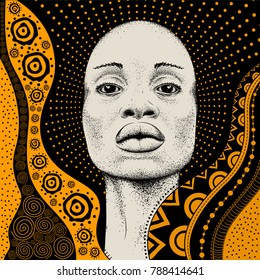 African Girl with African hand draw ethno pattern, tribal background. Beautiful black woman. Profile view. Vector illustration