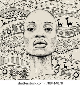 African Girl with African hand draw ethno pattern, tribal background. Beautiful black woman. Profile view. Vector illustration