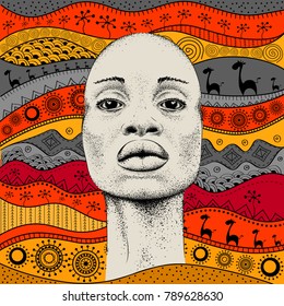 African Girl with African hand draw ethno pattern, tribal background. Beautiful black woman. Profile view. Vector illustration