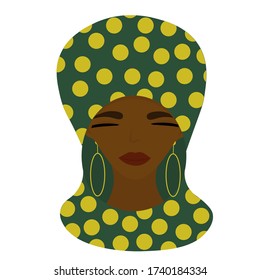 African girl with head scarf and big earrings . Portrait of woman in national dress. Female character with print in flat style.