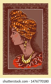 African girl in a headdress with jewelry and ethnic clothes. Sketch portrait in the original frame. Vector illustration