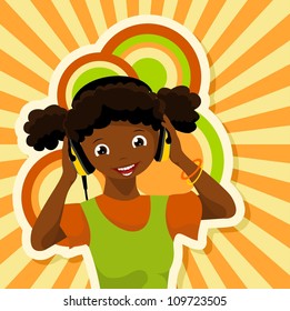 African Girl With Headphones Listening To Music - Vector Illustration