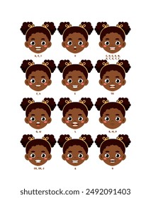 African girl heads set. Schoolgirl with different letters. Pack of characters with alphabet. Design elements for creating animations. Flat vector collection isolated on white background