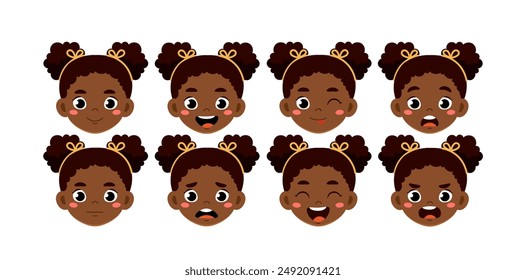 African girl heads set. Schoolgirl with different emotions. Pack of characters with various feelings. Design elements for creating animations. Flat vector collection isolated on white background