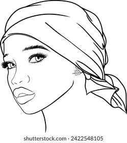 African girl with headscarf outline illustration on transparent background