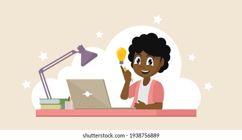 African girl with his laptop expressing his success. Education concept.
