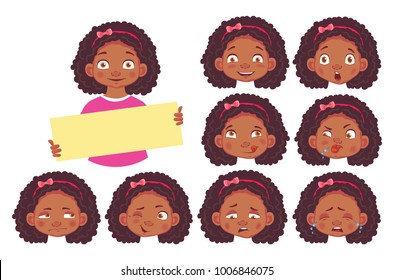 African girl holding blank poster. African american children. Set vector illustration