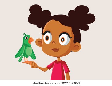 African Girl Holding a Little Parrot Vector Illustration. Child learning responsibility by taking care of pet animal bird.

