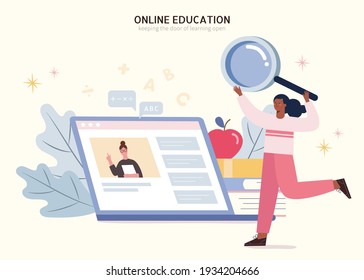 African girl holding magnifier and looking for amazing tutorial videos via laptop. Flat illustration of web searching or e learning concept.