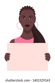 An African girl is holding a poster. Feminism and women's rights. A student is protesting. Vector flat illustration