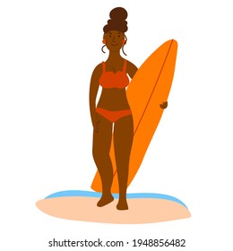 African girl holding surf. Vector illustration for decoration, graphic design, sport magazines, banners, flyers, web-sites, etc