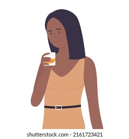 African girl holding whiskey glass. Beverage consuming, cocktails with ice vector illustration