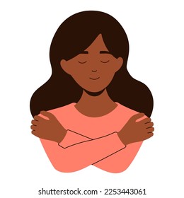 African girl hugging herself. Self care, love yourself concept body positive vector illustration. International Women's day card.