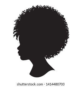 African Girl Kid Portrait Silhouette. Vector Illustration Of A Young African Girl Head Shadow Isolated With Afro Hair On White Background.