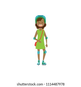 african girl kid wearing knee and elbow pads on white backgroung. roller ride. Flat style character