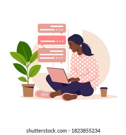 African girl with laptop on the armchair. Working on a computer. Freelance, online education or social media concept. Working from home, remote job. Flat style. Vector illustration. Pink interior.