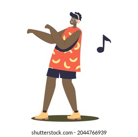 African girl listen music in wireless headphones enjoy sound happy smiling. Young woman in earphones listen song via application. Cartoon flat vector illustration