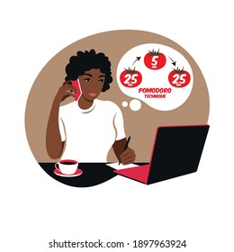 African girl manager working with computer using time management. Pomodoro technique concept. Vector. Flat.
