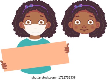 African girl in mask holding blank poster
