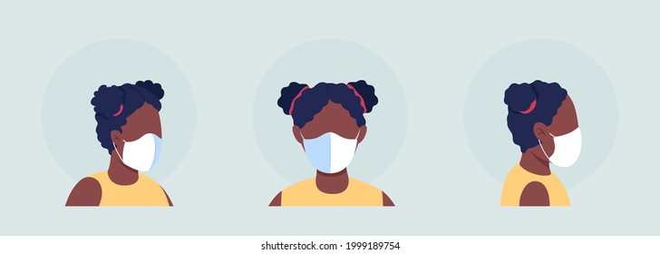 African girl with mask semi flat color vector character avatar set. Portrait with respirator from front and side view. Isolated modern cartoon style illustration for graphic design and animation pack