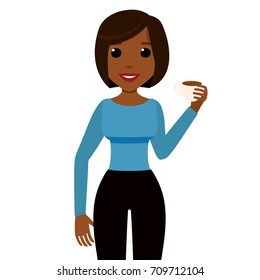 African girl with mug of coffee in her arms.Vector illustration of full body detailed character in a flat style, isolated on white background. Eps 8