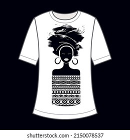 African girl in ornamental clothes silhouette. Decorative print on a T-shirt. Black and white. Vector illustration.