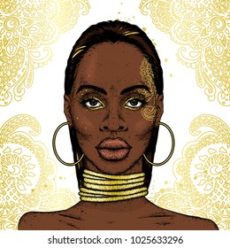 African girl in ornaments. Rings on the neck and earrings. Beautiful black woman in gold. Vector illustration. Fashion & Style.